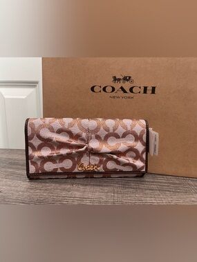 Coach Signature Canvas Foldover Wallet in Brown and Pink